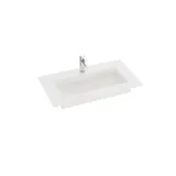 Kylpyhuone, jossa on keltainen turhamaisuusyksikkö, valkoinen pesuallas ja työtaso, musta hylly, pyöreä peili valkoisella reunuksella, marmoriseinät ja lattia sekä pienet mustat laatat luovat modernin ja urbaanin ilmeen