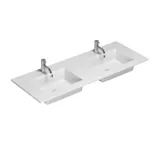 Raaka ja moderni kylpyhuone urbaaniin tyyliin. Kauniit allaskaapit ja pyöreät peilit mustilla reunoilla