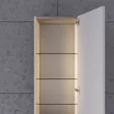 Suuri vihreä kylpyhuone, jossa allaskaappi, soikea peili kultaisella reunalla ja kauniit kehykselliset ovet