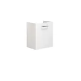 Kylpyhuone, jossa on viisto katto, inspiraatio pienellä valkoisella turhamaisuusyksiköllä ja korkealla kaapilla, jossa on pyöreät mustat kahvat, sekä kauniilla pyöreällä peilillä, oranssit laatat antavat raikkaan ja modernin ilmeen.