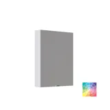 Pienen kylpyhuoneen inspiraatio, jossa on erikoisvärinen turhamaisuusyksikkö, peilikaappi valaisimilla, koristeelliset peilit sävytetyllä lasihyllyllä, valkoiset kalanruotolaatat tyylikkään ja klassisen ilmeen luomiseksi.