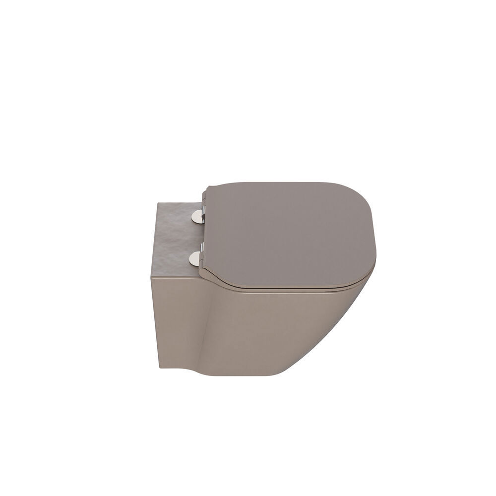 Tyylikäs ja tilava kylpyhuone inspiraatio suurella pyöreällä peilillä, jossa musta kehys, tumma kivipesuallas, värillinen WC, yläkaappi ja avohylly hienostuneessa ja hillityssä suunnittelussa