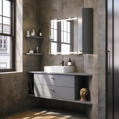 Kylpyhuone, jossa viistot seinät, harmaa allaskaappi ja yläkaappi, mittatilaustyönä tehdyt työtasot, moderni nelikulmainen pöytätason pesuallas, nelikulmainen peili valoilla, paljaat betoniseinät ja lattiat luovat urbaanin ilmeen