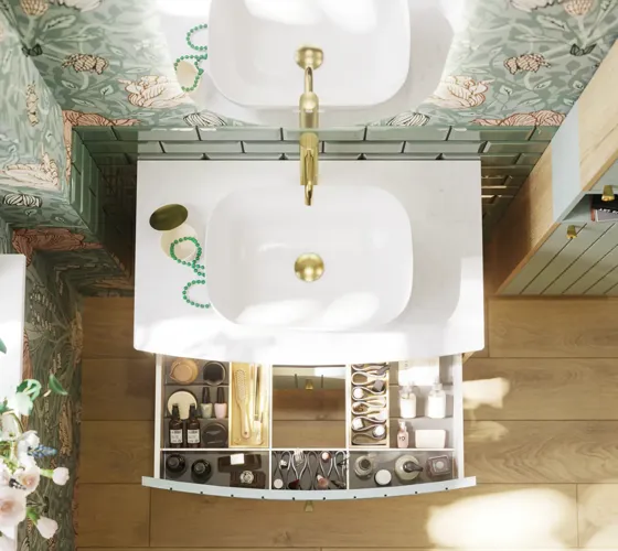 Kylpyhuoneen inspiraatio, jossa on vihreät erikoisväriset kalusteet ja luonnontammisivut, elegantit urat, tyylikäs työtaso ja romanttinen ovaali pöytäallas, kaunis ovaali peili, kukkatapetti antaa viehättävän, vintage retro ilmeen.