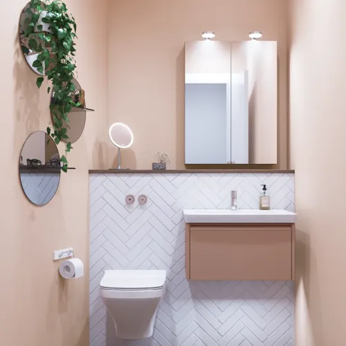 Pienen kylpyhuoneen inspiraatio, jossa on erikoisvärinen turhamaisuusyksikkö, peilikaappi valaisimilla, koristeelliset peilit sävytetyllä lasihyllyllä, valkoiset kalanruotolaatat tyylikkään ja klassisen ilmeen luomiseksi.