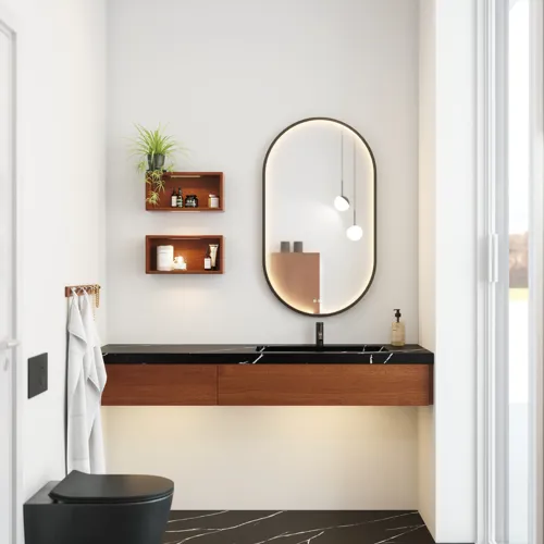 Moderni ja tyylikäs kylpyhuone inspiraatio, jossa on soikea peili mustalla kehyksellä ja valonsäätimellä, värillinen WC, pesuallaskaappi, alakaapit ja kaapit punaruskeasta tammesta, Silestone-allas ja yhteensopiva lattia