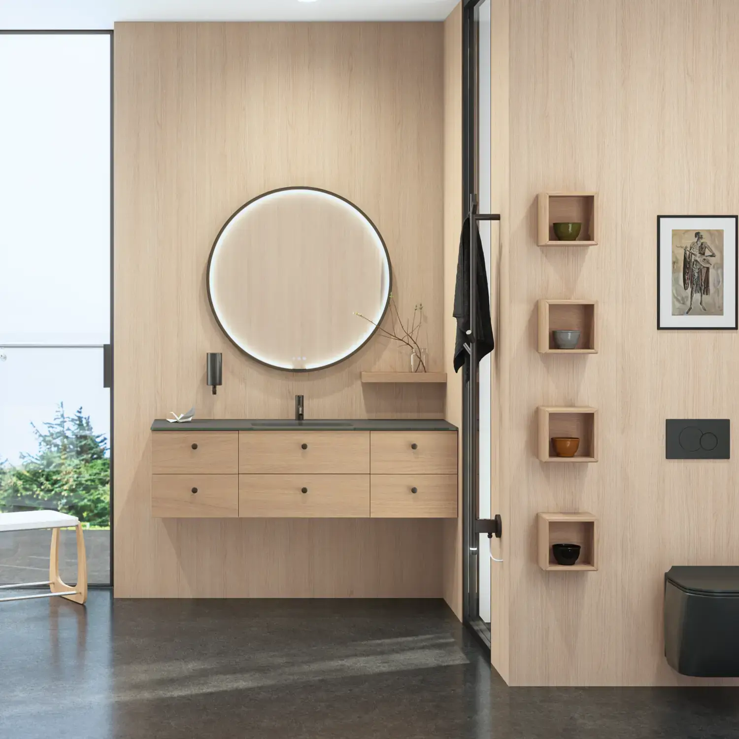 Tyylikäs kylpyhuone skandinaavisella ja japandi-tyylillä, vaaleat puuseinät, pyöreä peili ja minimalistiset kylpyhuonekalusteet