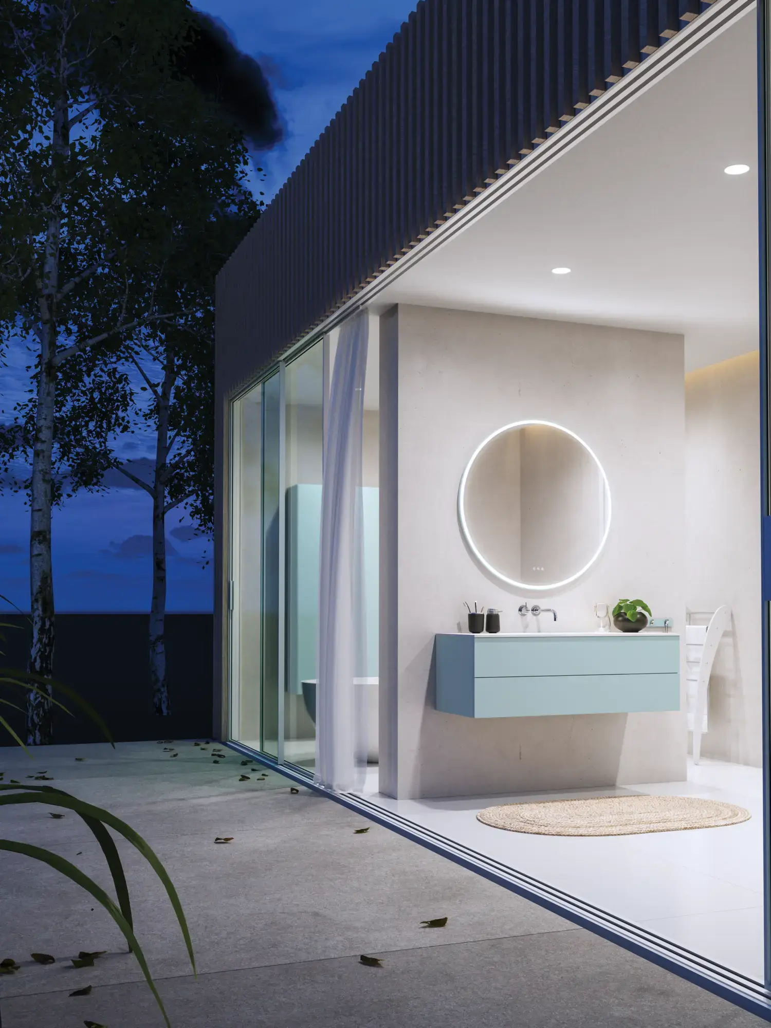 Suuri ja herkullinen kylpyhuone, jossa kylpyhuonekalusteet vaaleissa, sinisissä väreissä ja pohjoismaiseen tyyliin