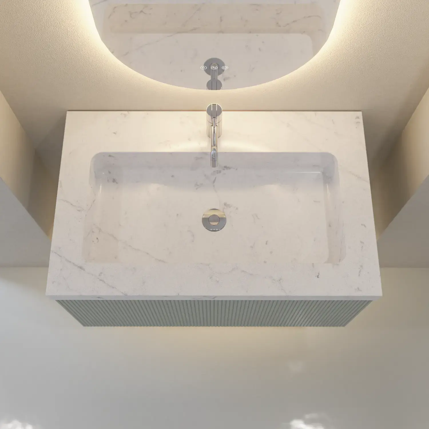 Tyylikäs ja moderni kylpyhuone inspiraatio, jossa on soikeat peilit valonsäädöllä, kivialtaat ja uurteiset pesuallaskaapit minimalistisessa suunnittelussa, valoisa ja ilmava tunnelma, elegantti valaistus ja hienostuneet yksityiskohdat