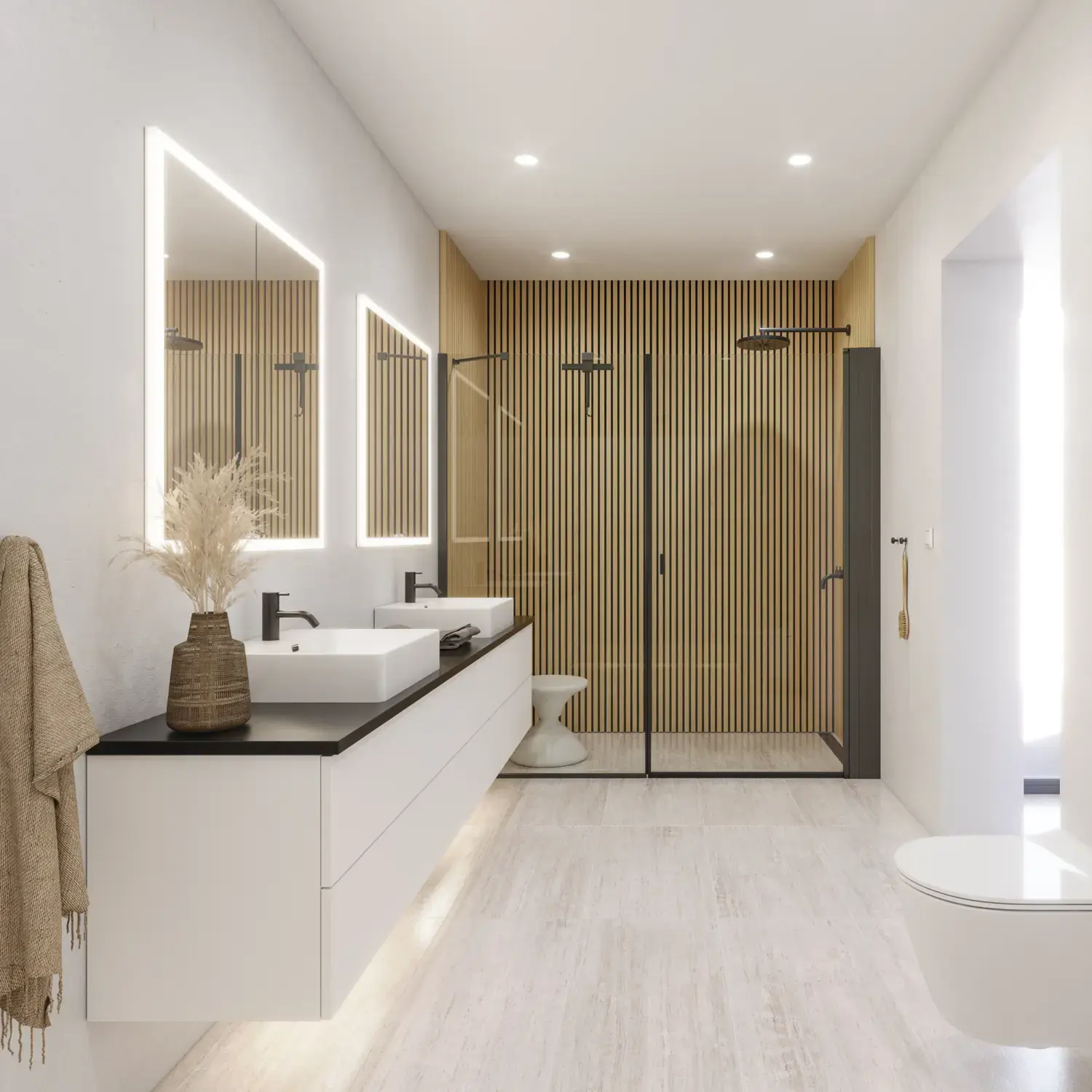 Iso kylpyhuone, moderni ja minimalistinen tyyli, valkoiset kalusteet, musta työtaso, neliömäiset altaat, peilikaapit valoilla, walk-in-suihku