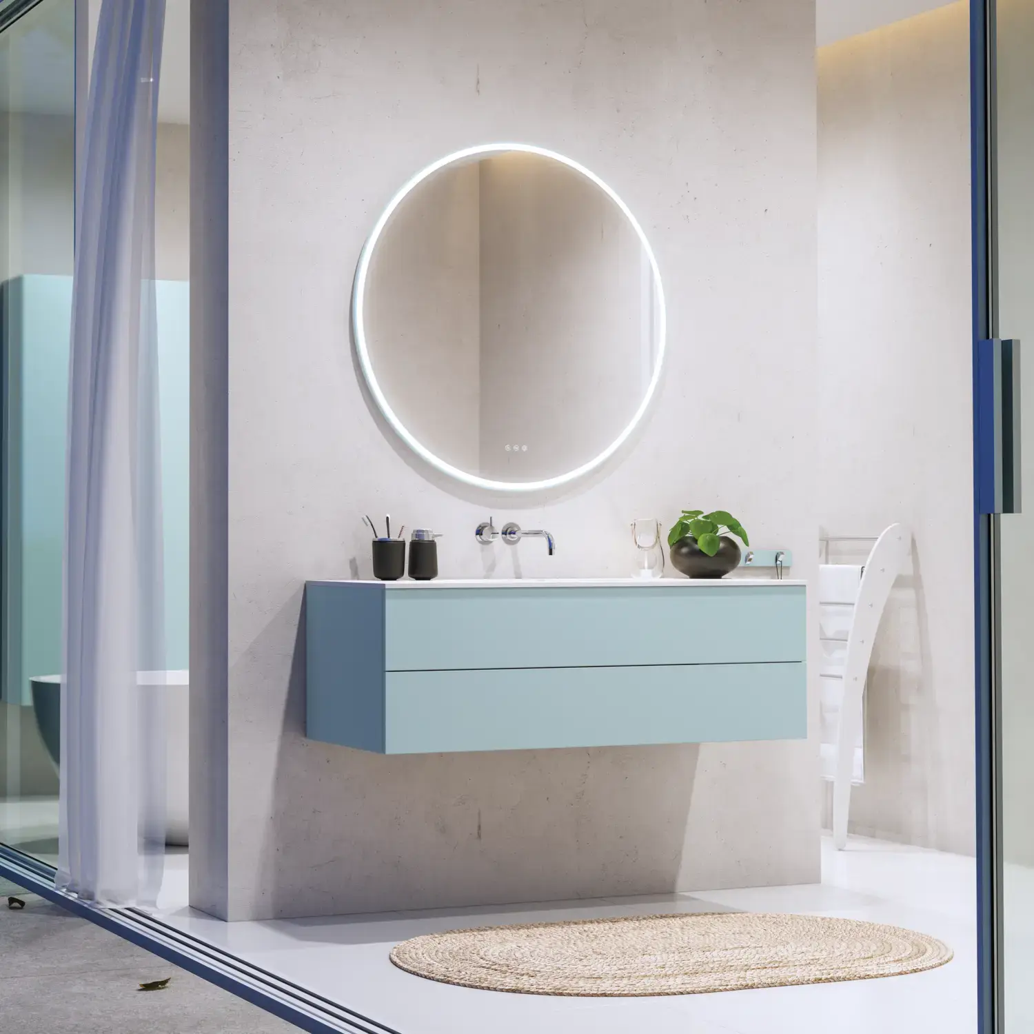 Suuri ja herkullinen kylpyhuone, jossa kylpyhuonekalusteet vaaleissa, sinisissä väreissä ja pohjoismaiseen tyyliin