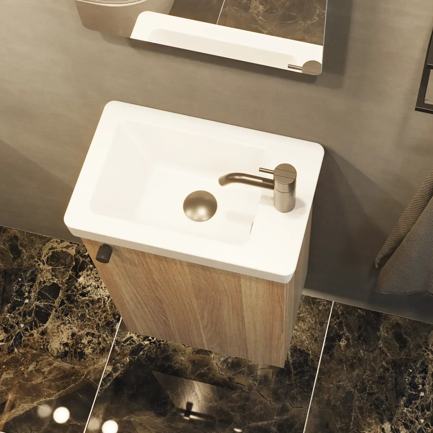 Tyylikästä ja minimalistista kylpyhuoneinspiraatiota mikro altaalla ja pienellä allaskaapilla, pyöreäkulmainen suorakulmainen peili ja lamppu sekä elegantti peilikaappi.