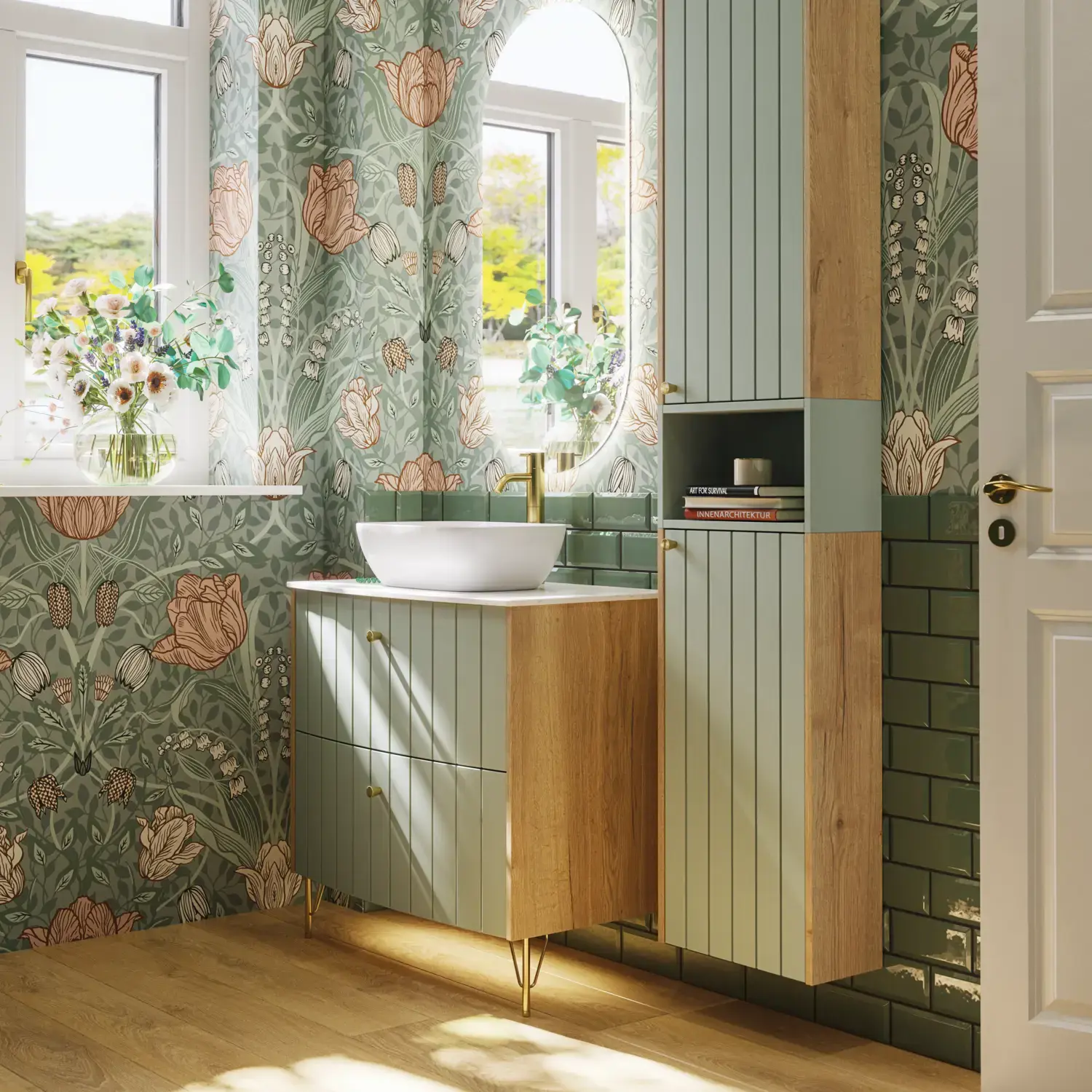 Kylpyhuoneen inspiraatio, jossa on vihre&#xE4;t erikoisv&#xE4;riset kalusteet ja luonnontammisivut, elegantit urat, tyylik&#xE4;s ty&#xF6;taso ja romanttinen ovaali p&#xF6;yt&#xE4;allas, kaunis ovaali peili, kukkatapetti antaa vieh&#xE4;tt&#xE4;v&#xE4;n, vintage retro ilmeen.
