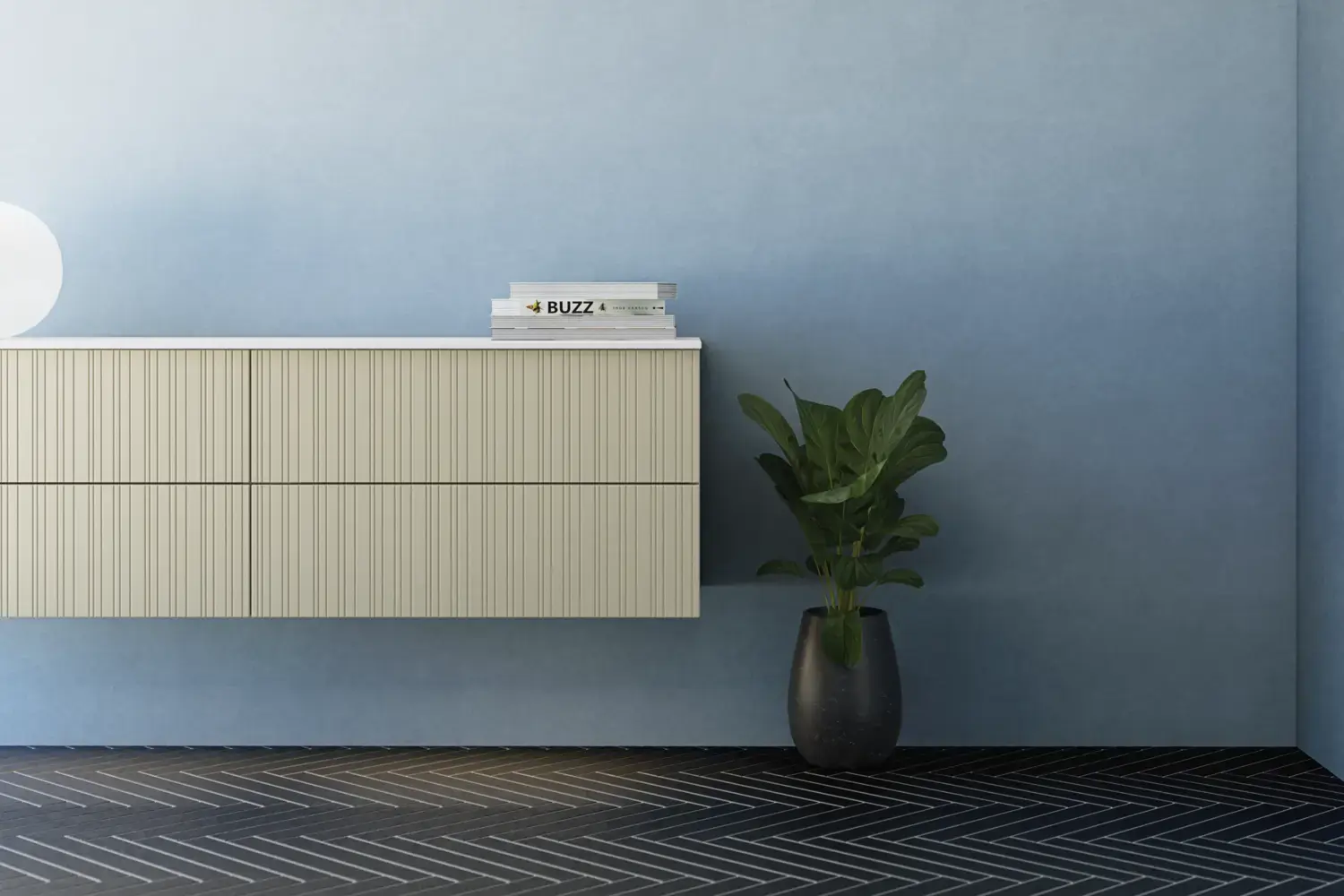 Kylpyhuone vinokatto inspiroituna, beigellä kalusteella, uritettu työtaso ja nelikulmainen pöytäallas, kaunis peili hyllyillä, siniset seinät, suuret ikkunat ja musta kalanruotolattia antavat valoisan ja urbaanin ilmeen.