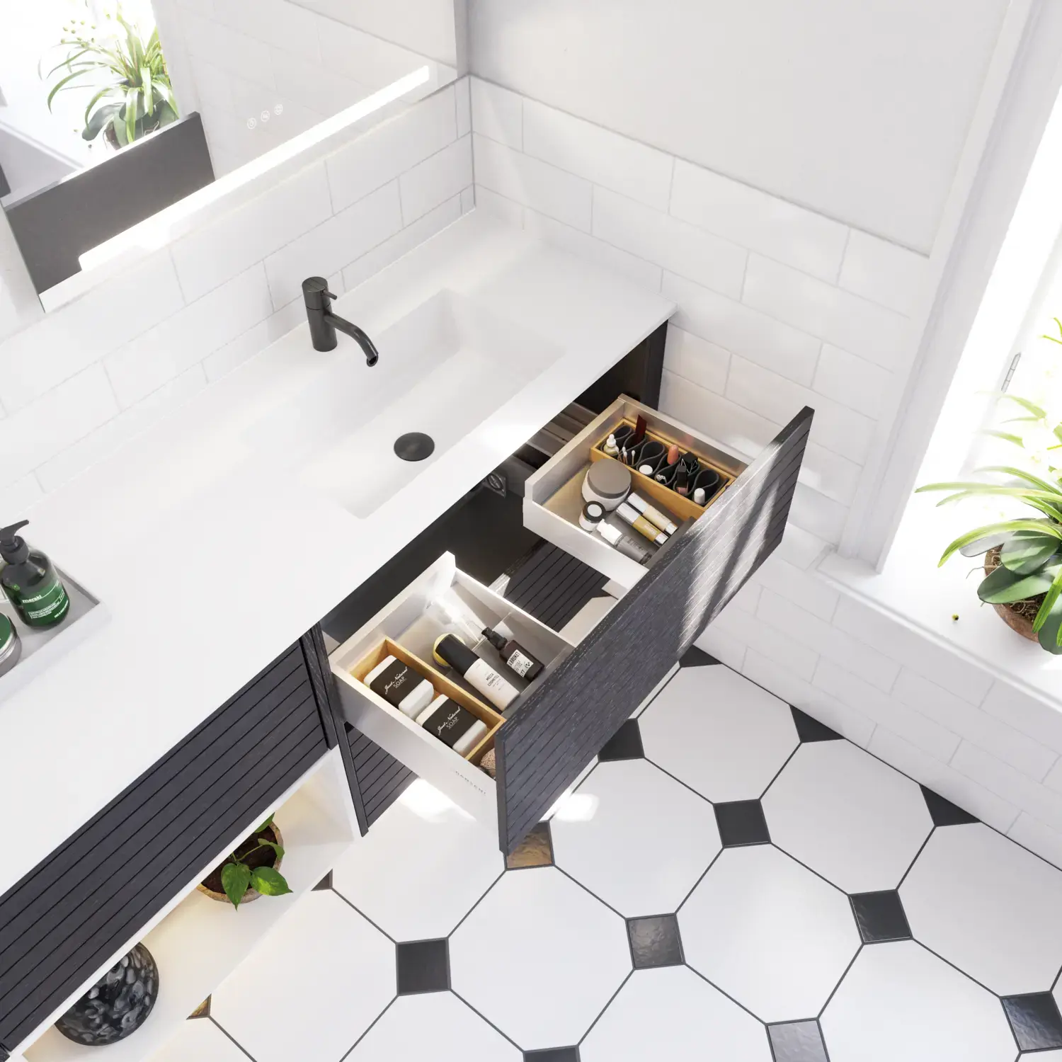 Suuri kylpyhuoneen inspiraatio mustasta tammesta valmistetuilla kylpyhuonekalusteilla, tyylikäs kaksinkertainen pesuallas, neliskulmaiset peilit ja valkoiset laatat geometrisella kuviolla antavat valoisan, symmetrisen ja klassisen ilmeen.