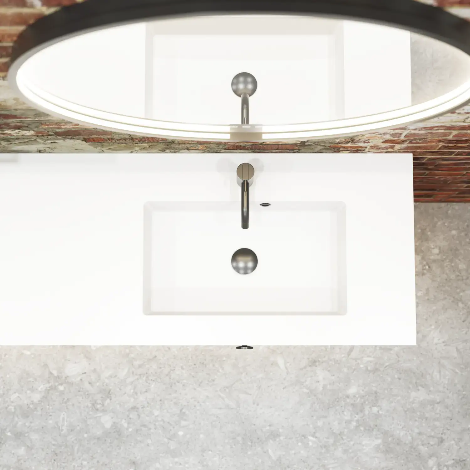 Raaka ja moderni kylpyhuone urbaaniin tyyliin. Kauniit allaskaapit ja pyöreät peilit mustilla reunoilla