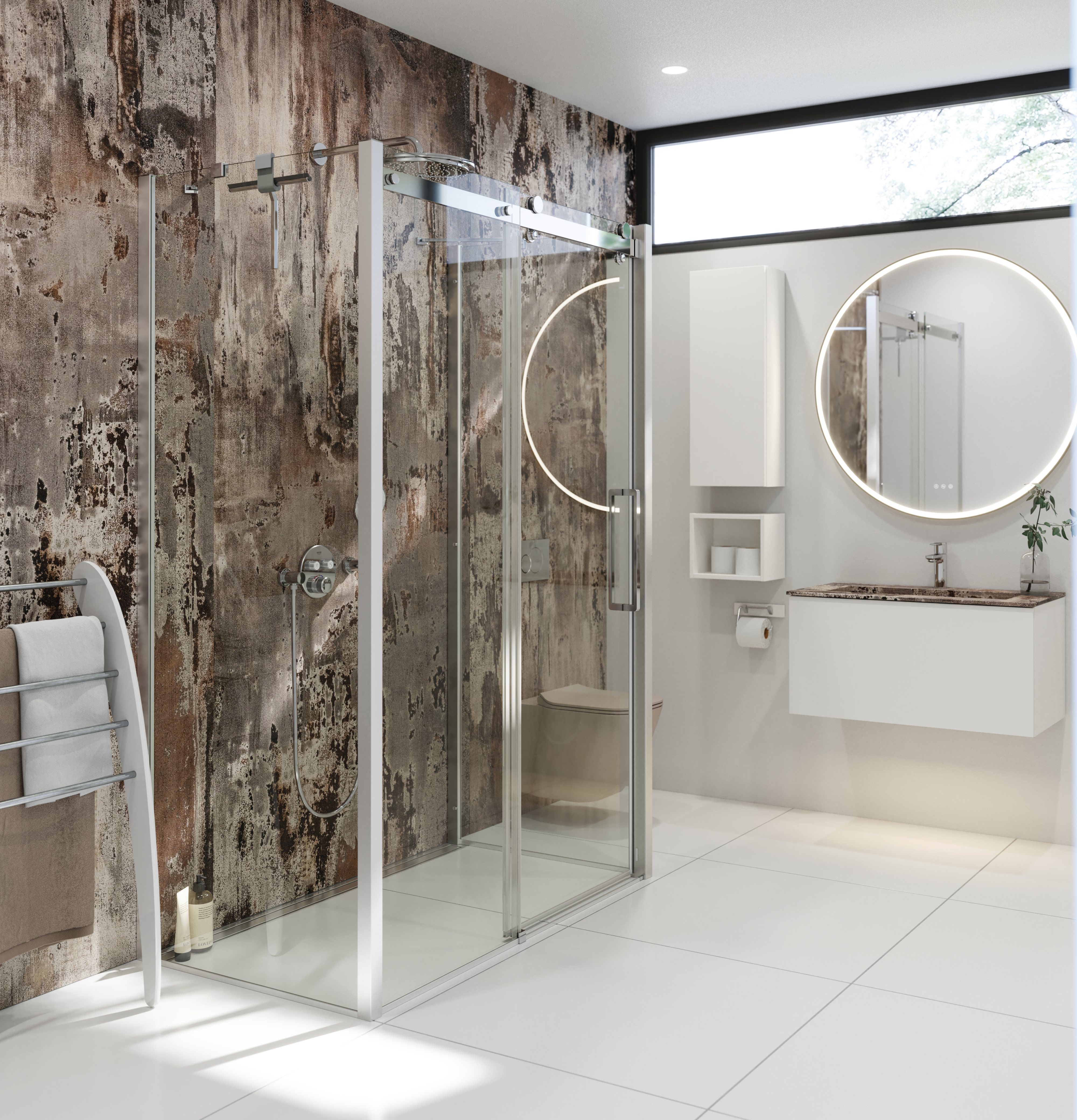 Inspiroiva kylpyhuone, jossa on ylellinen suihkukaappi liukuovella, valkoiset kylpyhuonekalusteet ja raa'an näköinen seinä, joka antaa kylpyhuoneelle raa'an ja urbaanin tunnelman.