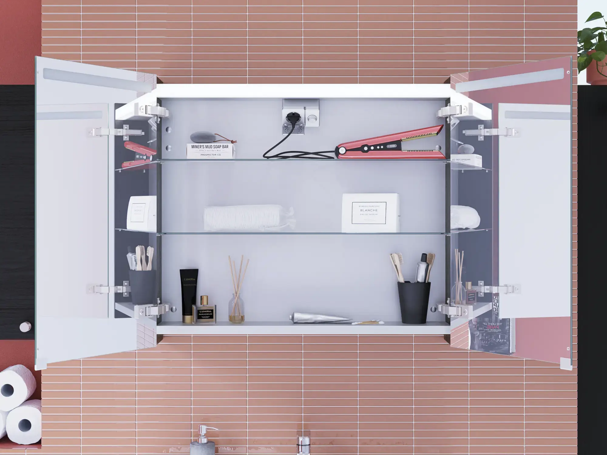 Suuri kylpyhuone inspiroi kylpyhuonekalusteita mustalla rakenteella, jossa on tyylikäs peilikaappi integroidulla valaistuksella ja käytännöllisillä ja tyylikkäillä varusteilla sekä pistorasioilla eksklusiivista kylpyhuonekokemusta varten.