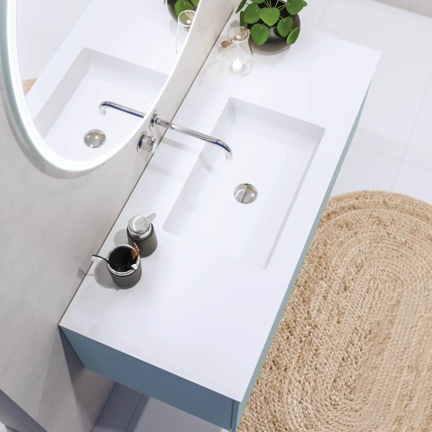 Suuri ja herkullinen kylpyhuone, jossa kylpyhuonekalusteet vaaleissa, sinisissä väreissä ja pohjoismaiseen tyyliin