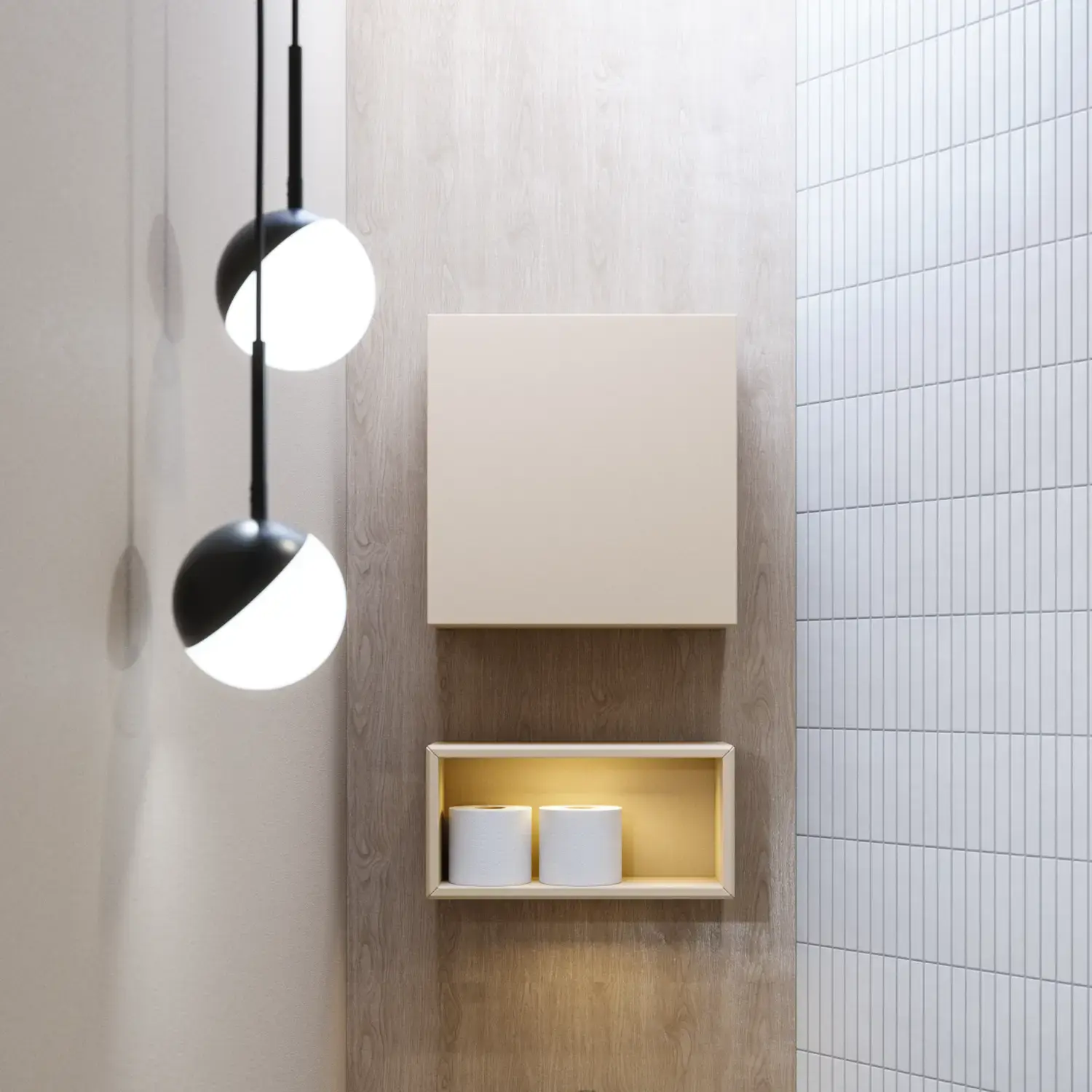 Tyylikäs kylpyhuone inspiraatio beige pesuallaskaapilla, jossa on sisälaatikko, yläkaappi, avoin hylly, soikea peili valaistuksella, yhteensopivat riippuvalaisimet, hylly peilin alla ja seinään kiinnitetty WC. Vaaleat, pitkät laatat seinillä
