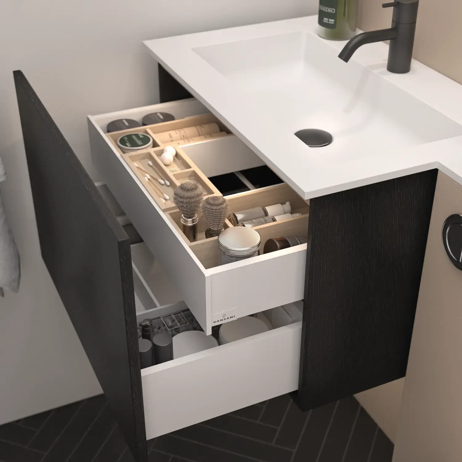 Tyylikäs allaskaappi, jossa on kätevä sisälaatikko ja elegantit laatikonjärjestäjät tyylikkäillä puisilla lokerikoilla.