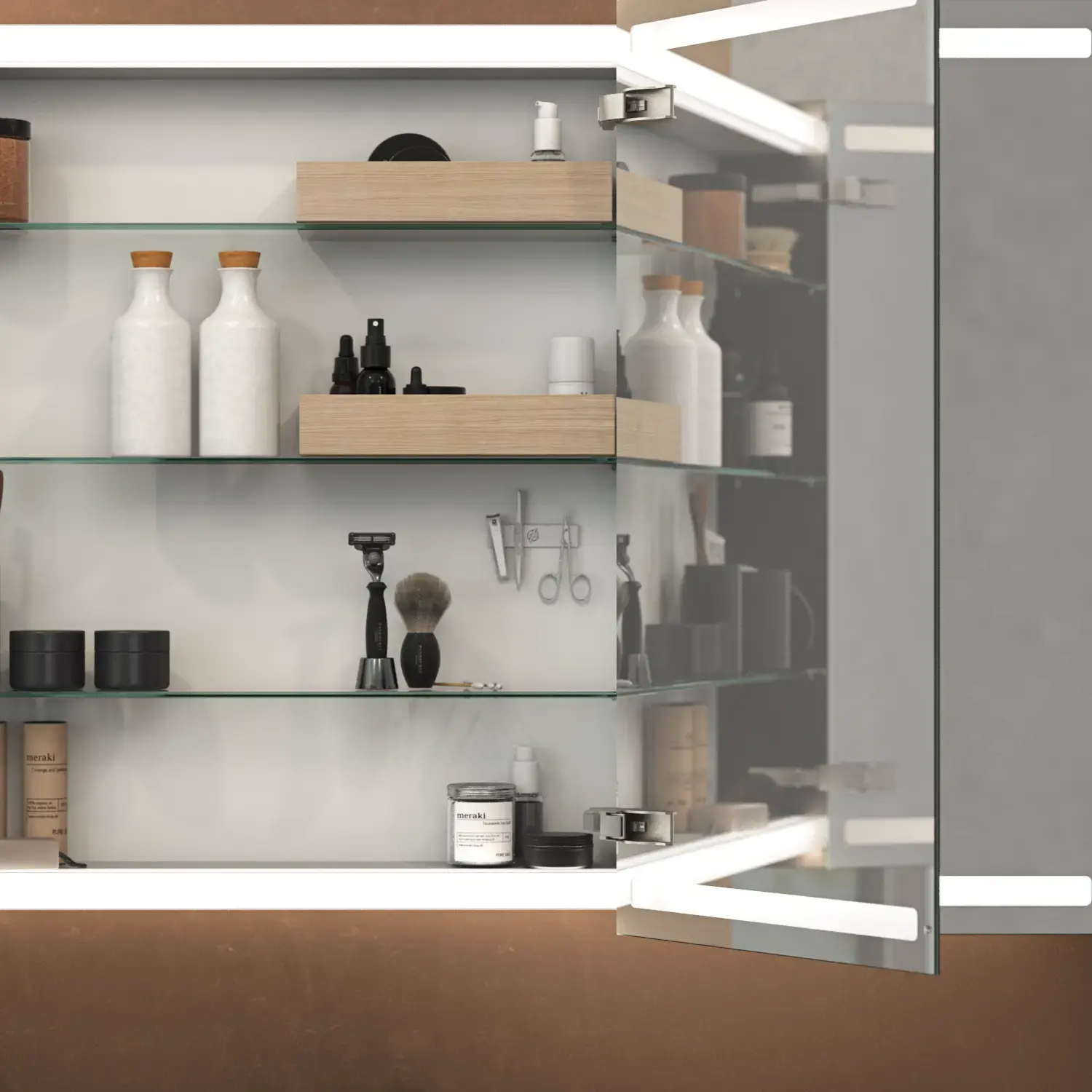 Suuri, tyylikäs kylpyhuone, jossa on tummat värit, tyylikäs peilikaappi integroidulla valaistuksella ja ylellinen kivitaso.