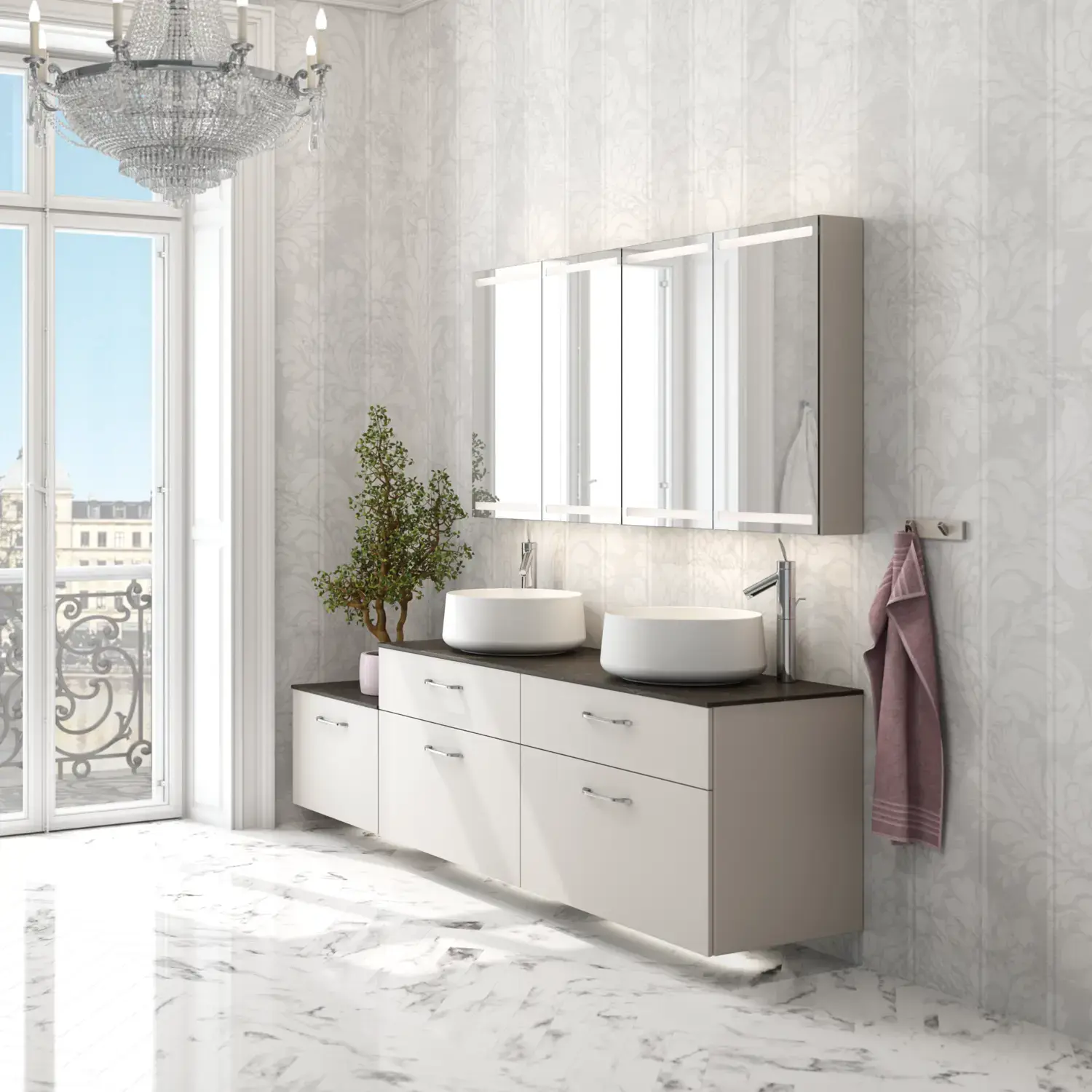 Romanttinen kylpyhuone inspiraatio peilikaapilla, joka tarjoaa käytännöllisiä ja siroja säilytysratkaisuja, kaksoispöytätason altailla kivitason päällä ja koristekasvilla.