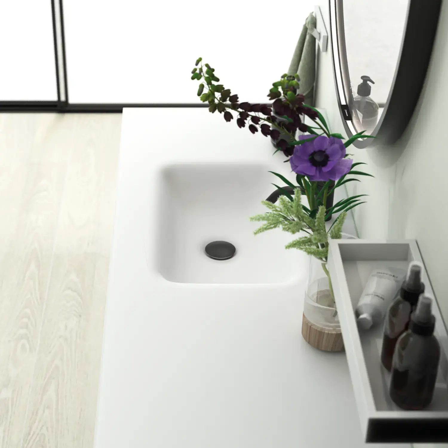 Suuri ja valoisa kylpyhuone minimalistisella tyylillä, pehmeillä pastellisävyillä ja tyylikkäillä vihreillä sävyillä, tyylikäs pyöreä peili ja moderni sisustus.