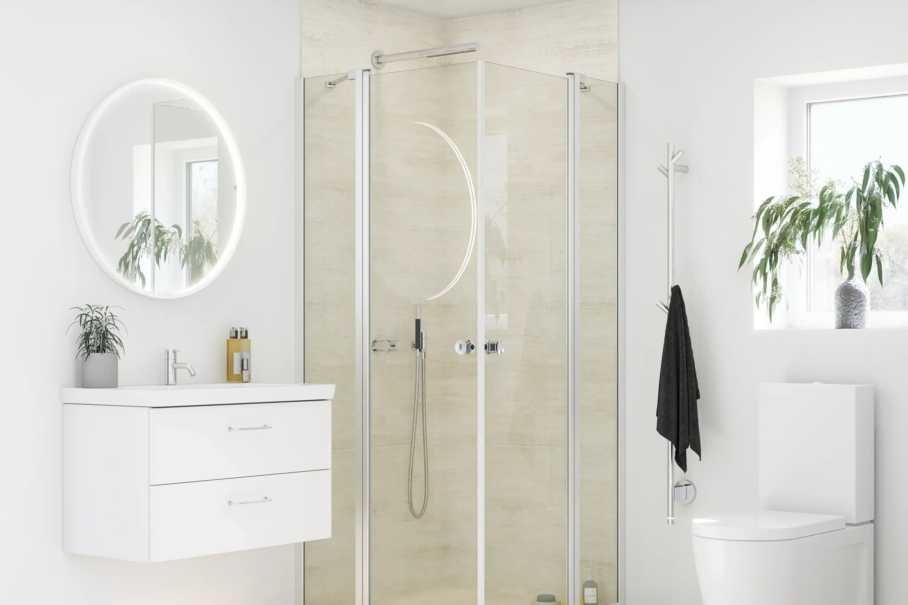 Kylpyhuoneinspiraatiota suihkuseinäkiinnistä kiinteillä suihkuseinämillä, kääntöovet kirkasta lasia ja profiilit satiinista, tyylikäs sähköinen pyyhekuivain, joka valkoisilla seinillä ja vaaleilla lattioilla antaa valoisan ja modernin ilmeen.