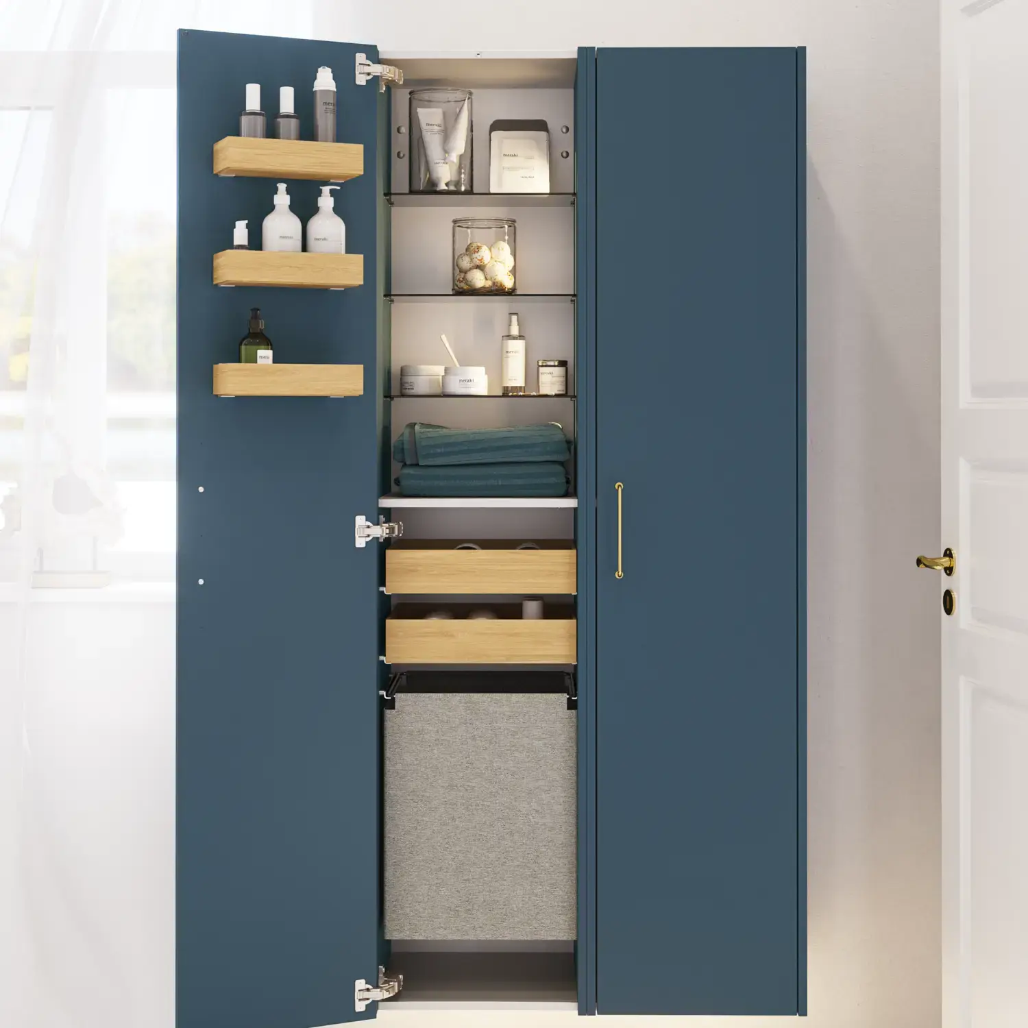 Kylpyhuoneinspiraatiota moderneilla sinisillä kylpyhuonekalusteilla, tyylikäs pöytätason pesuallas ja suuri neliönmuotoinen peili valolla, valkoiset kalanruotolaatat luovat tyylikkään ja klassisen ilmeen