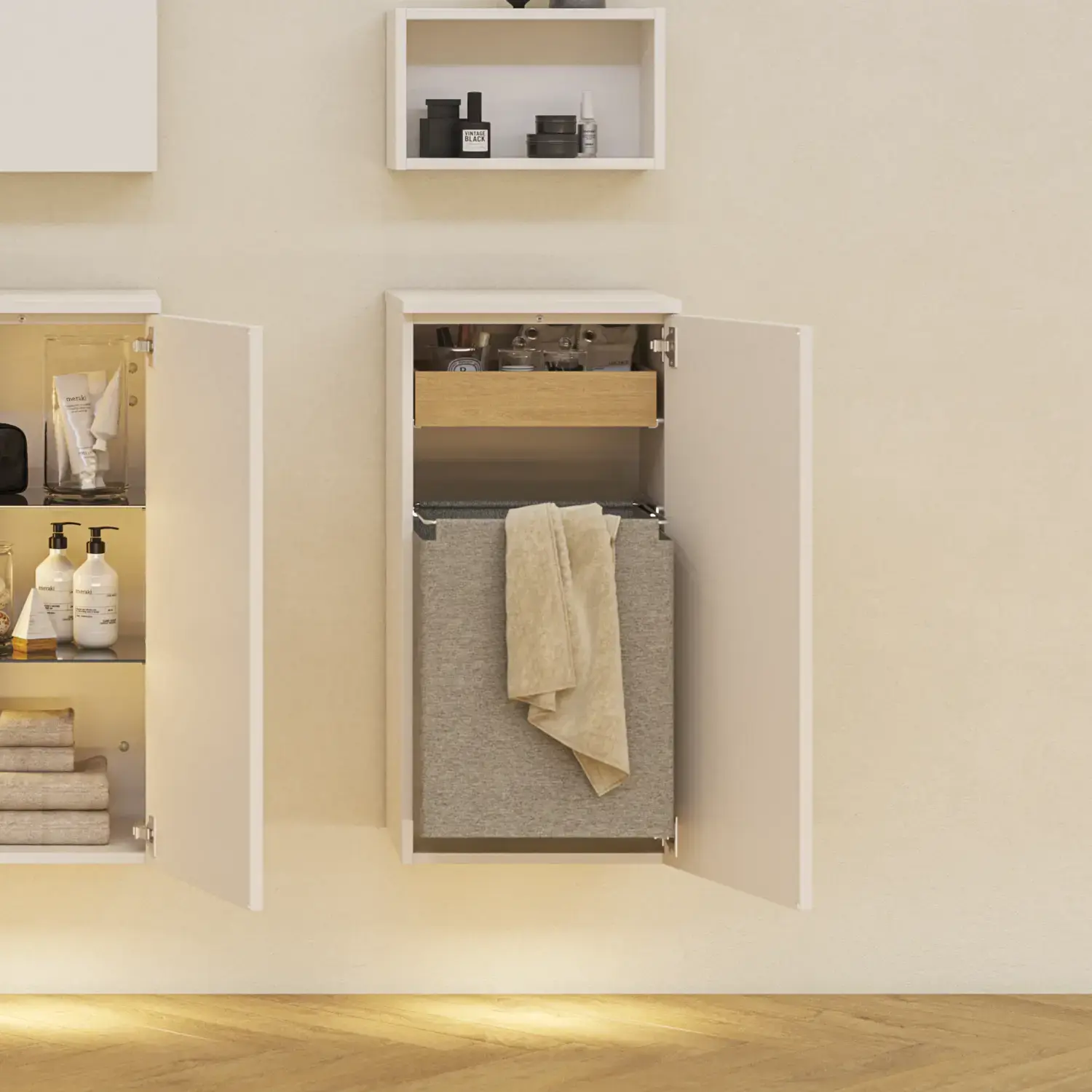 Kylpyhuoneen inspiraatio seinäkaappeihin ja turhamaisuuskaappeihin, joissa on käytännöllisiä ja tyylikkäitä malleja, jotka optimoivat säilytyksen ja estetiikan