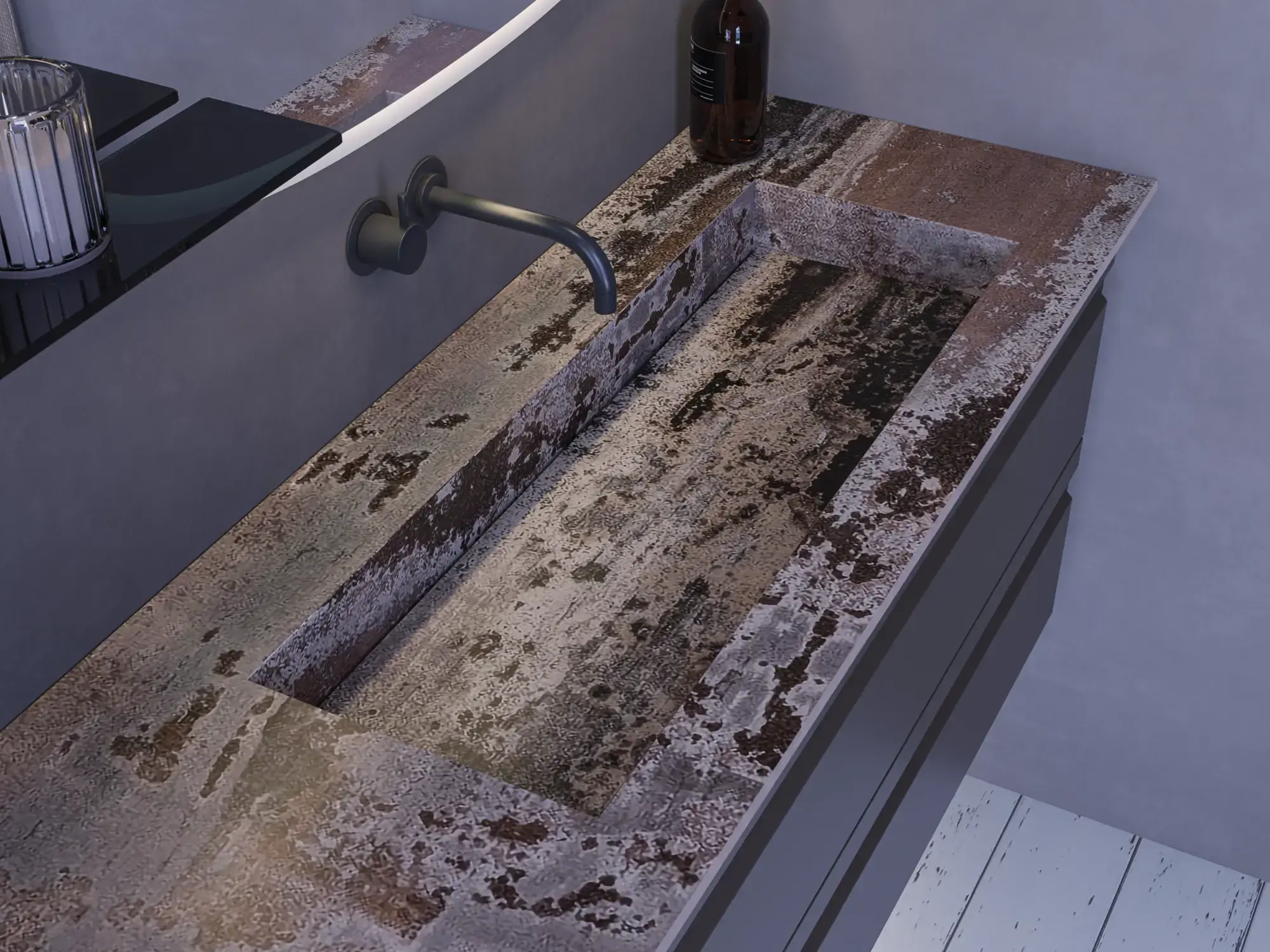 Suuri kylpyhuone inspiroi harmaalla turhamaisuuskaapilla, jossa on integroitu kahva, tyylikäs sivulle asennettu pesuallas, neliön muotoinen peili pyöristetyillä kulmilla, betonin näköiset seinät ja raaka-aineet urbaanin ilmeen luomiseksi