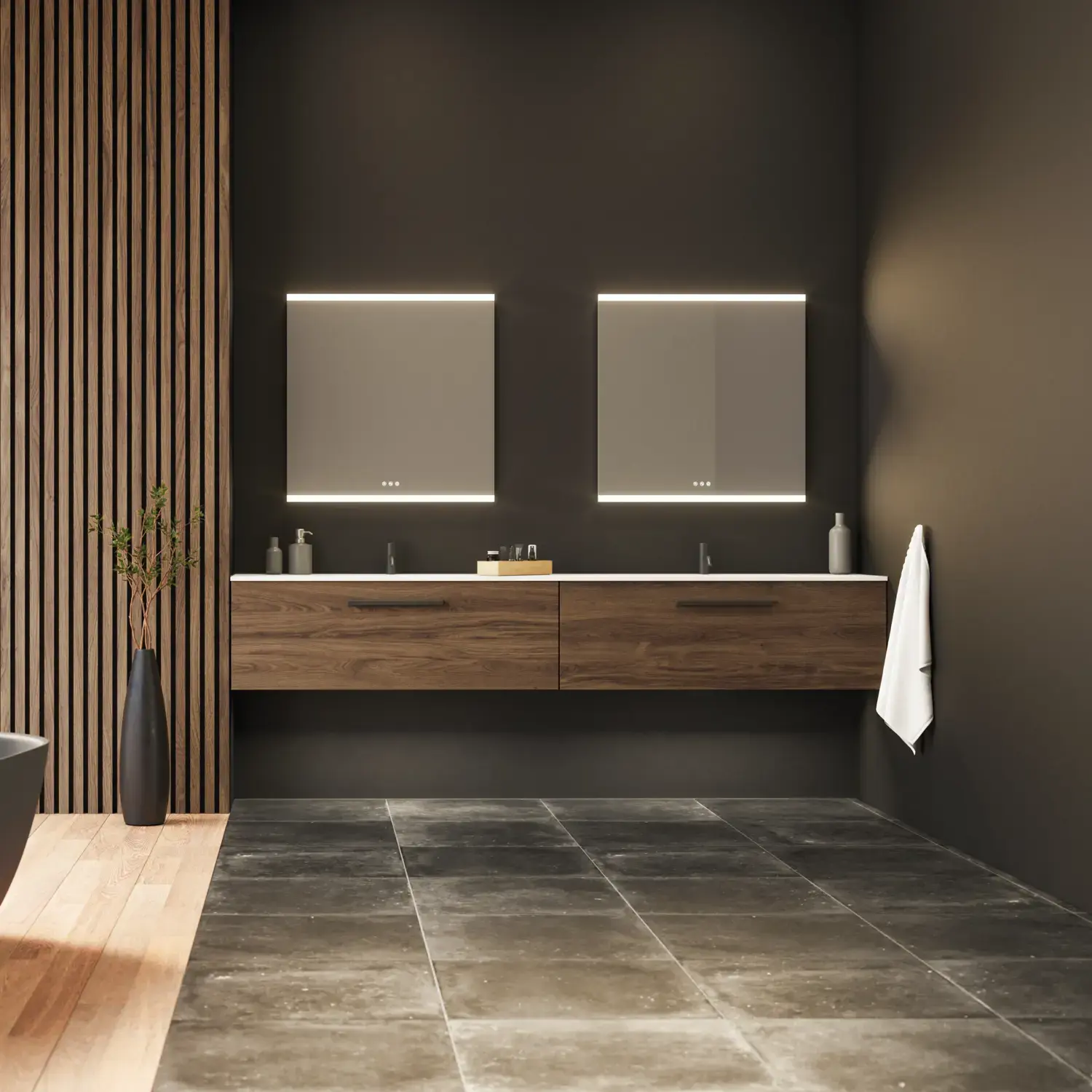 Suuri kylpyhuoneen inspiraatio, jossa pesuallaskaapit ja ruskeat tammipaneelit, erillinen kylpyamme, ja nelikulmaiset valaistut peilit, elegantti kaksoispesuallas luo modernin ja symmetrisen ilmeen