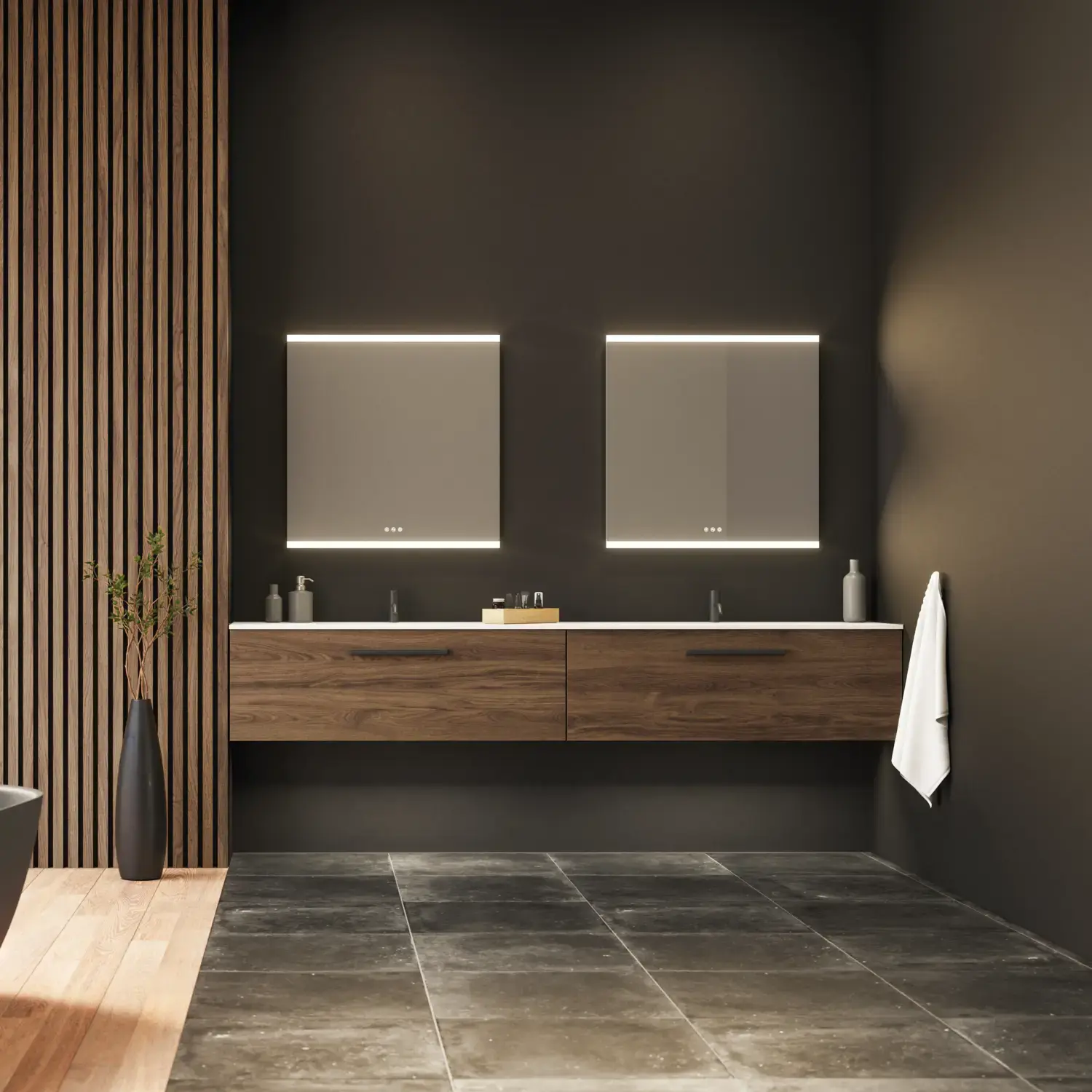 Suuri kylpyhuoneen inspiraatio, jossa pesuallaskaapit ja ruskeat tammipaneelit, erillinen kylpyamme, ja nelikulmaiset valaistut peilit, elegantti kaksoispesuallas luo modernin ja symmetrisen ilmeen