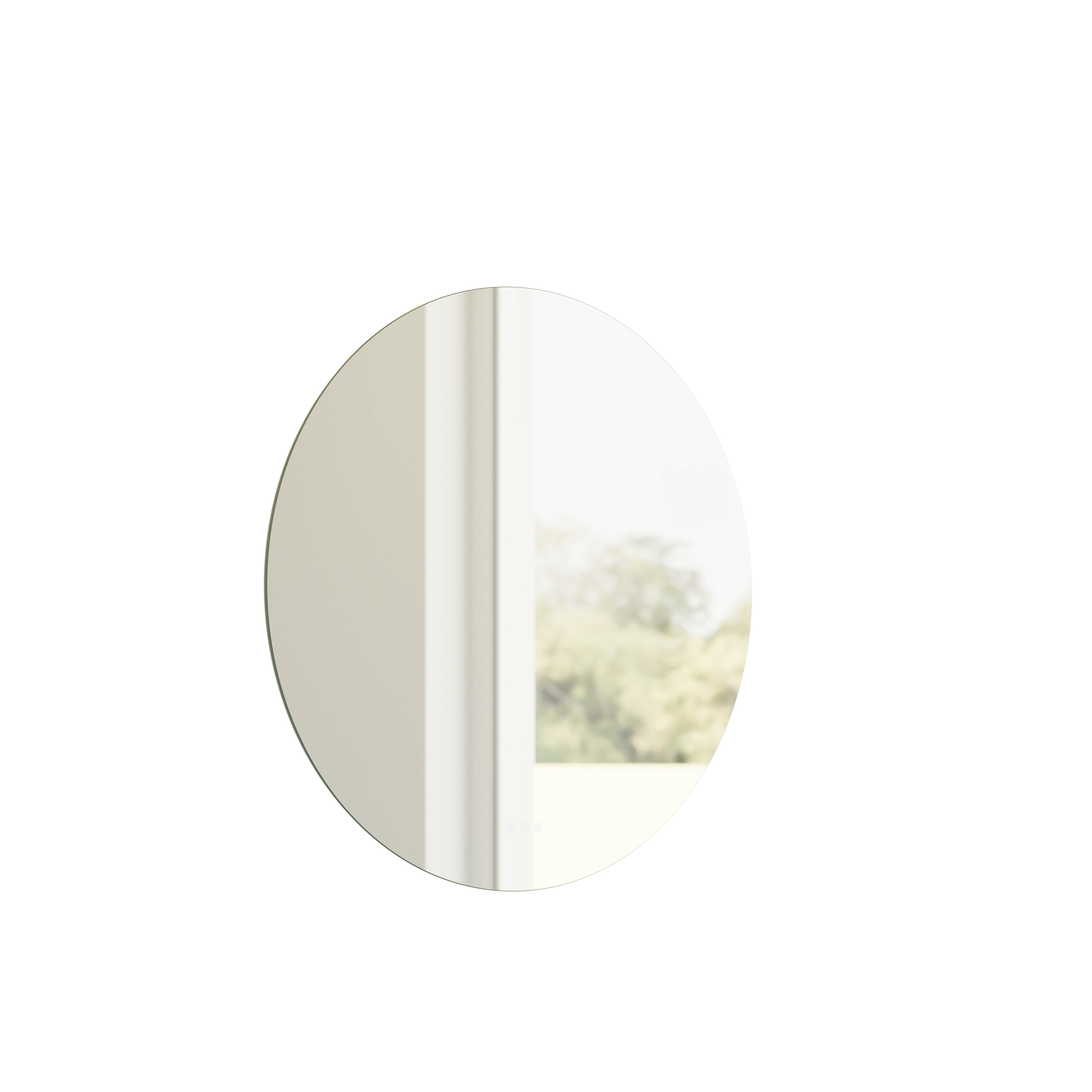 Minimalistinen ja tyylikäs kylpyhuone inspiraatio, jossa on pesuallaskaappi, alakaapit ja korkeakaapit kultaisesta tammesta, suuri pyöreä peili valaistuksella, värillinen WC ja pöytätason pesuallas